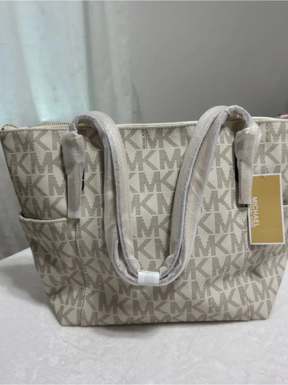 NWT Michael Kors Cream and Taupe Logo Tote with Gold Charm
